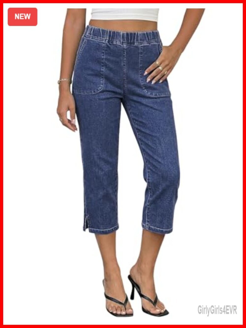High Rise Elastic Waist Pull On Capris with Side Split Hem - Stretchy Straight